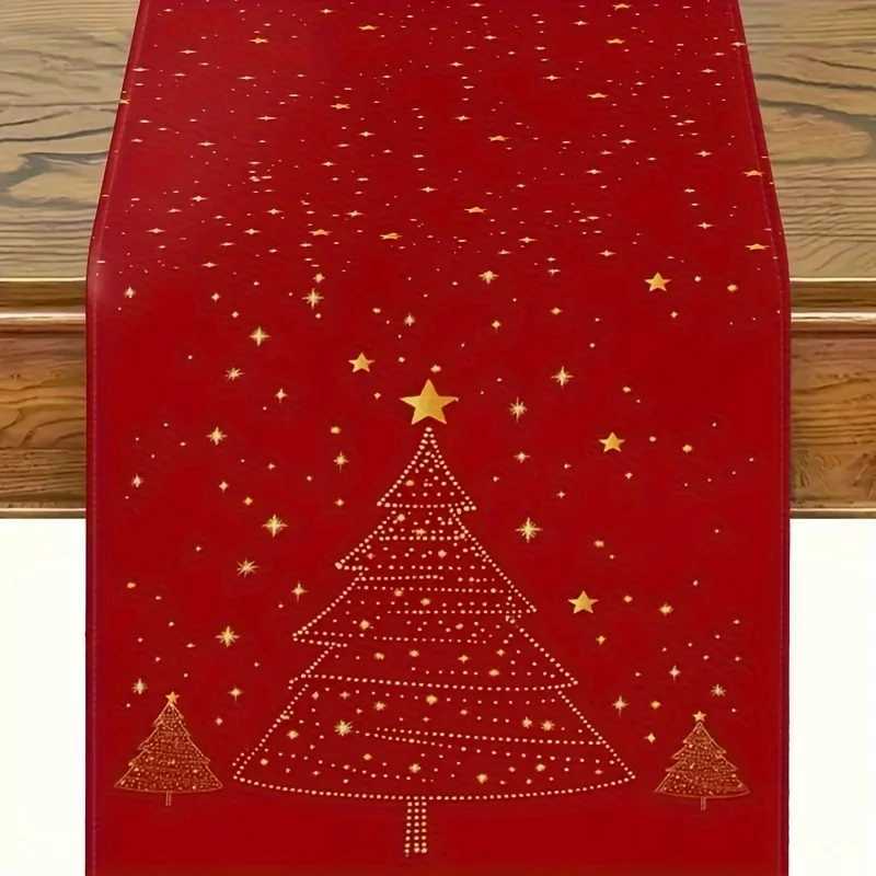 Red Golden Burgundy Christmas Table Runner White Tree Golden Stars Holiday Wedding New Year Decor H251211