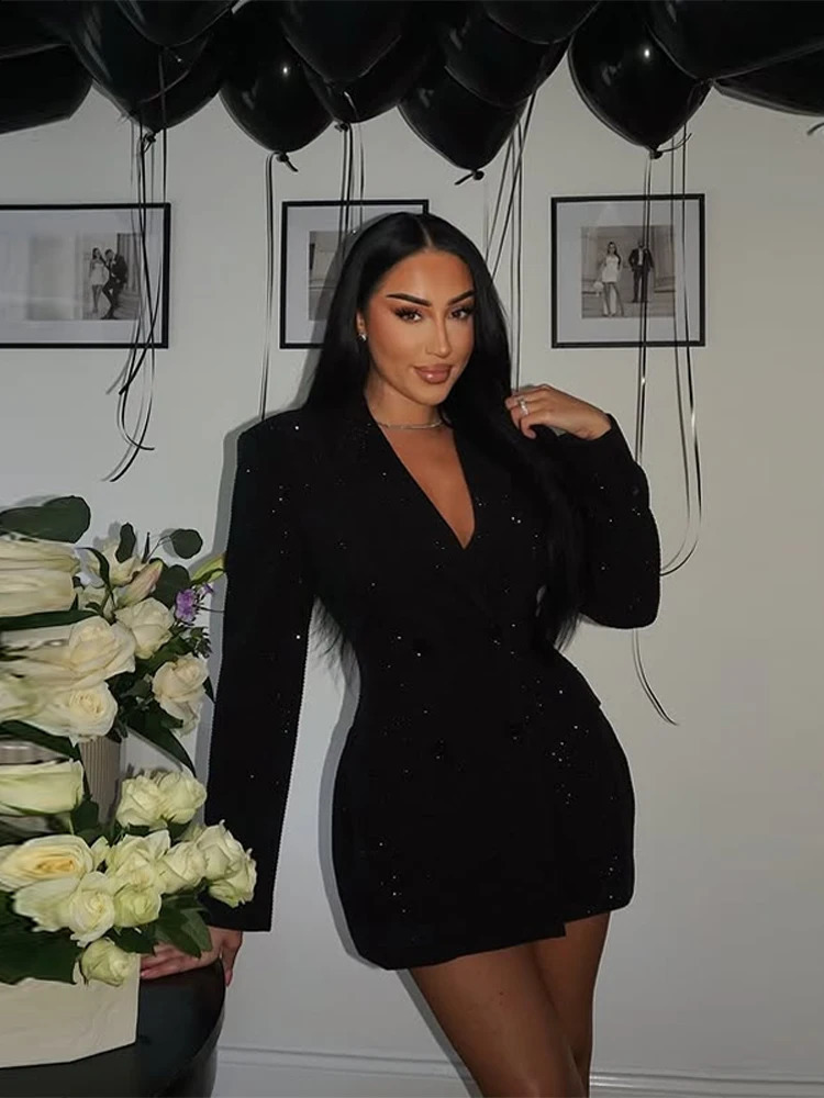 Womens Sparkle Blazer Dress Jacket Deep V Neck Tailored Coat Elegant Party Dresses for Formal Evening Cocktail Wear Lady Outfit 251211