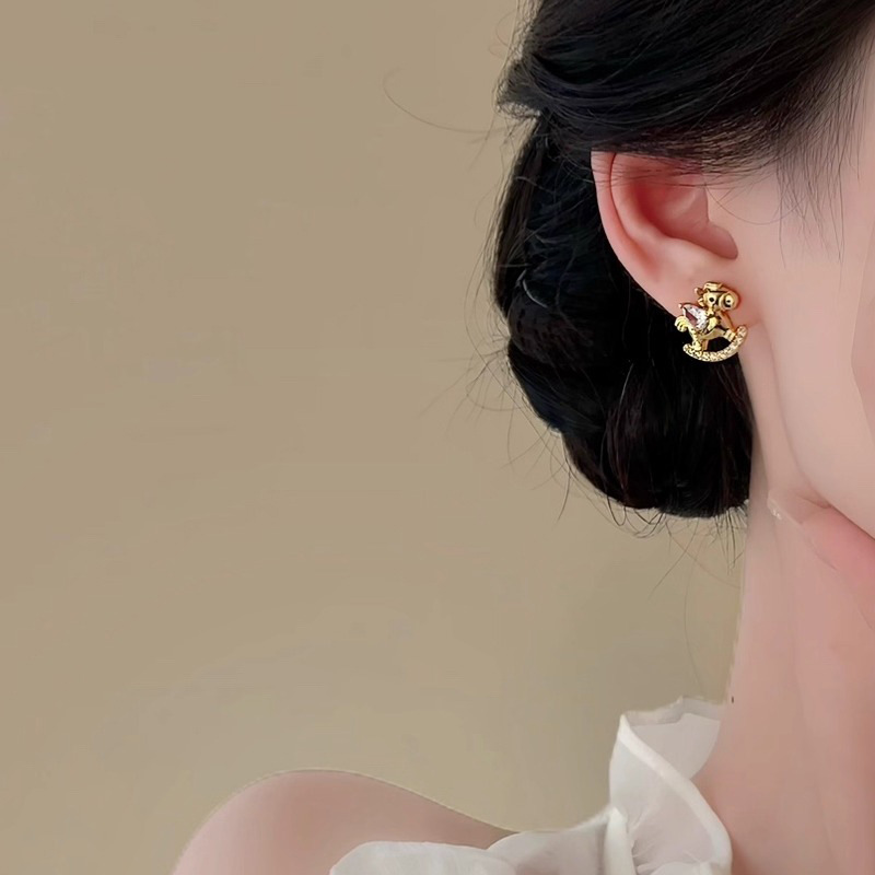Real Gold Plated Silver Needle Zircon Pony New Chinese Style Niche Zodiac Year Light Luxury High-end Earrings for Women