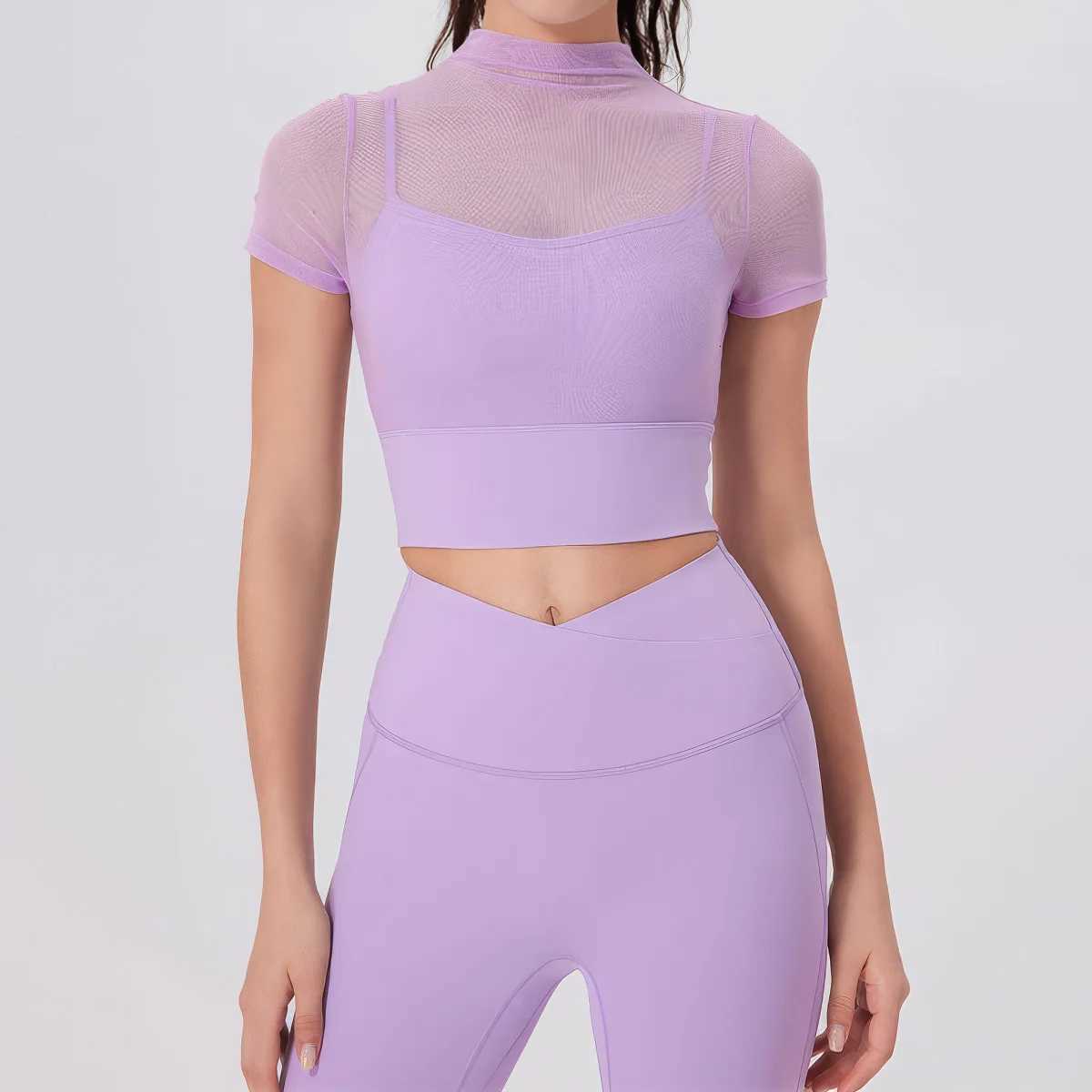 Yoga Set 2 Pieces Fitness Clothes Sexy Mesh Short Sleeve Top Buttery Soft Leggings Gym Suit Outdoor Running Sportswear WorkoutT251211