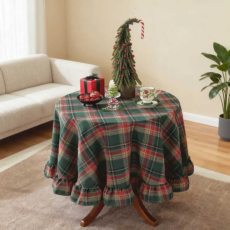 Christmas Green Plaid Ruffled Tablecloth Rectangular/Round Washable Anti-stain Table Decorations for Kitchen Wedding Table Cover H251211
