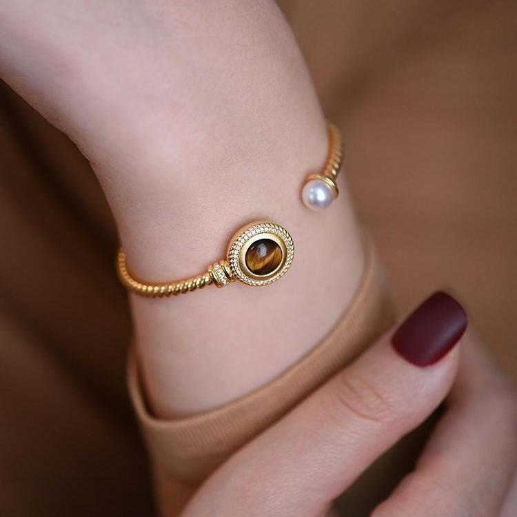 24K Real Gold Plated Tiger Eye Stone Pearl Geometric Open Vintage Fashion Bracelet Light Luxury High-end Jewelry