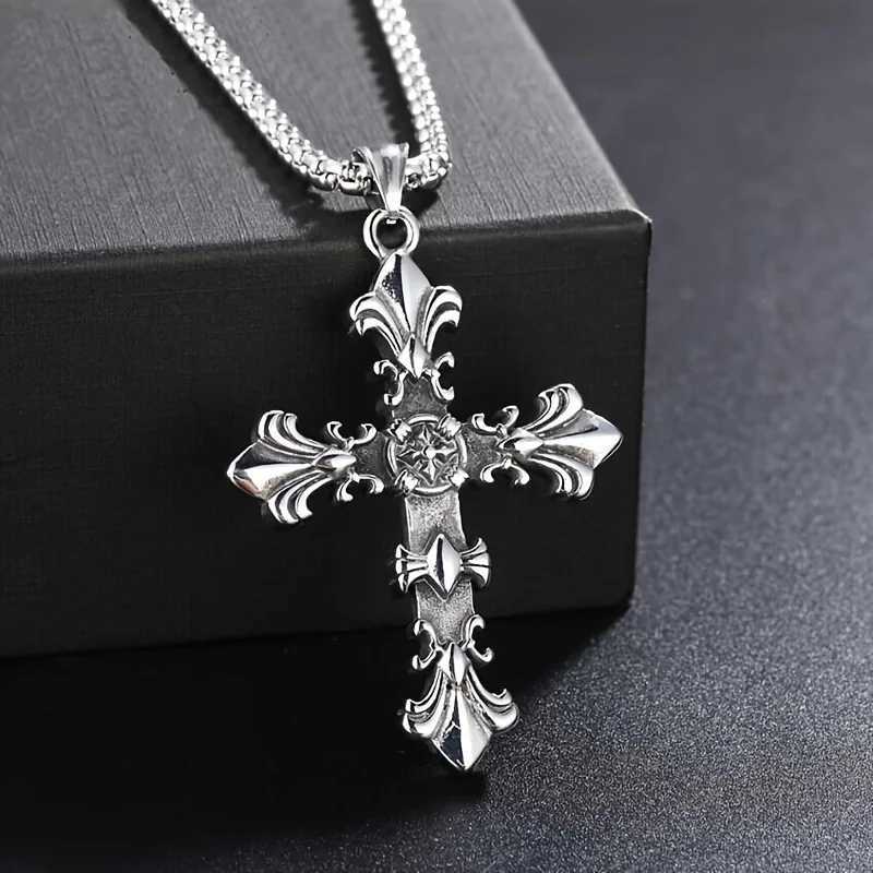 1pc Vintage Cross Pendant Necklace Men Stylish Gothic Style Inlay Diamonds Bilayer Cross With Stainless Steel Chain Jewelry Gift M251211