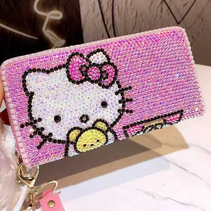 Sanrio Kawaii Hello Kitty Wallet Rhinestone Card Bag Anime Cartoon Heart Long Zipper Coin Wallet Student Mobile Bags Women Gifts H251211