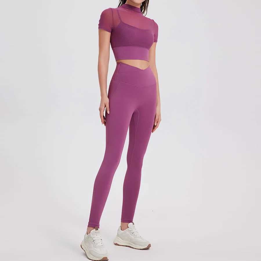 Yoga Set 2 Pieces Fitness Clothes Sexy Mesh Short Sleeve Top Buttery Soft Leggings Gym Suit Outdoor Running Sportswear WorkoutT251211