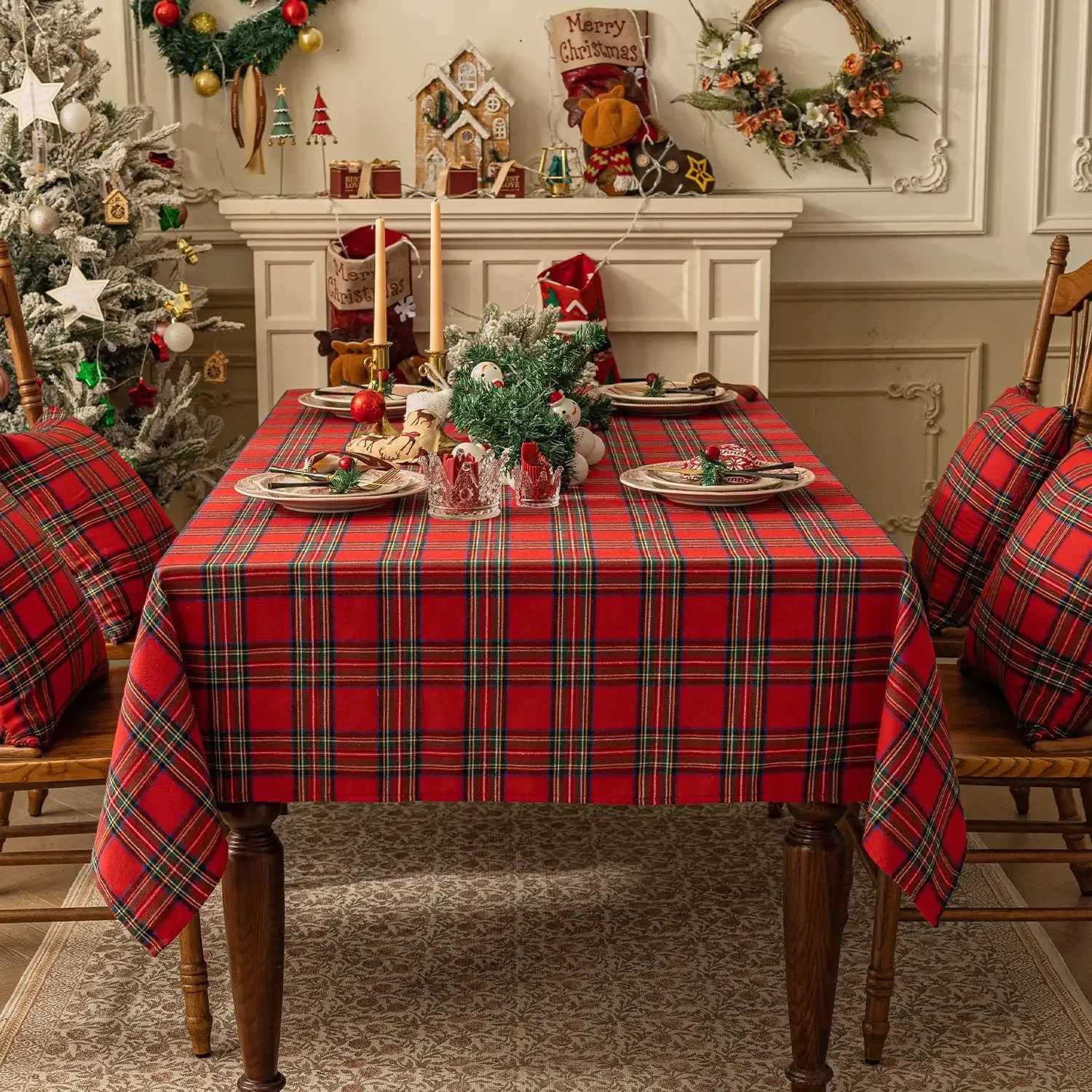 Christmas Checkered Tablecloth Rectangular - Red Plaid Linen Cotton Xmas Farmhouse Decor H251211