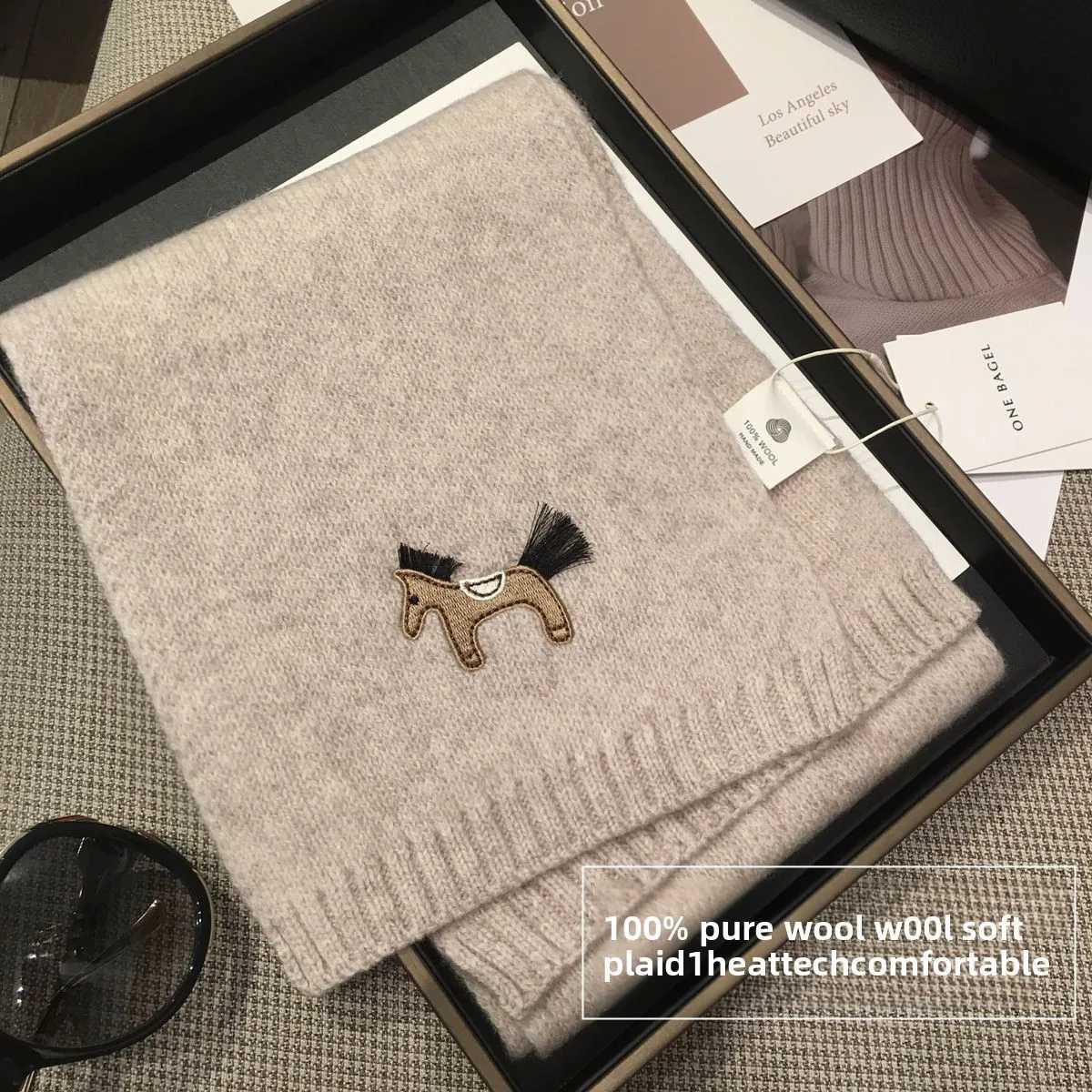 Horse Embroidery 100 Wool Red Scarf Warm Unisex Winter Shawl New Year Y251211