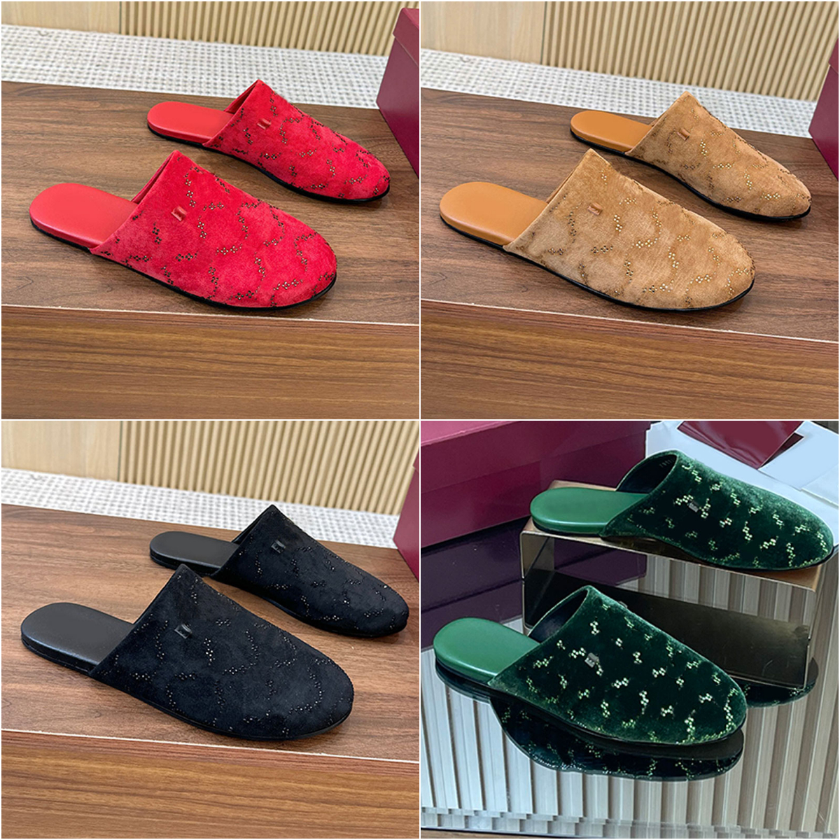 26ss new velvet designer mules for women crystal designer slides flats slippers womens autumn winter shoes women sliders baotou slipper luxury casual shoes 35-43