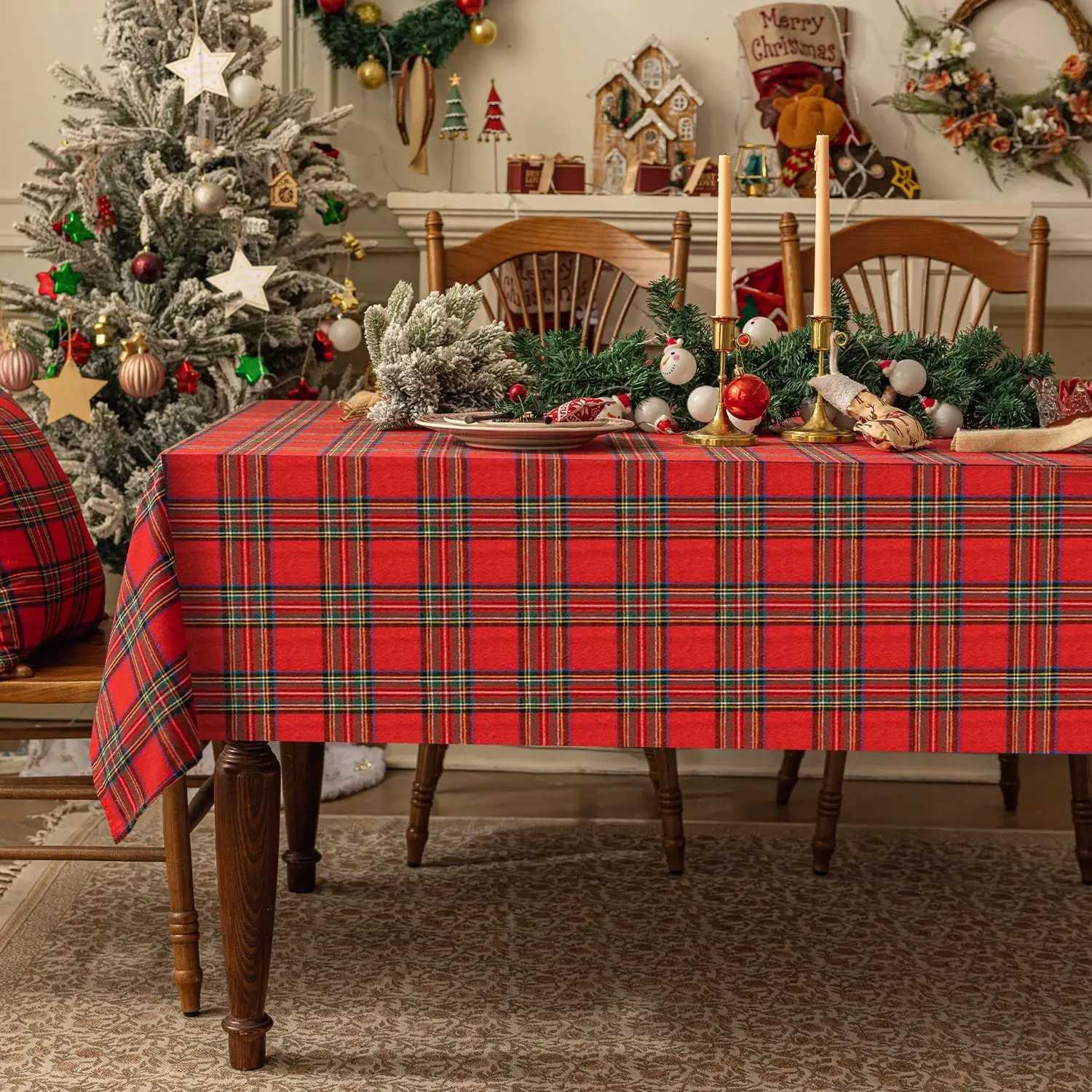 Christmas Checkered Tablecloth Rectangular - Red Plaid Linen Cotton Xmas Farmhouse Decor H251211
