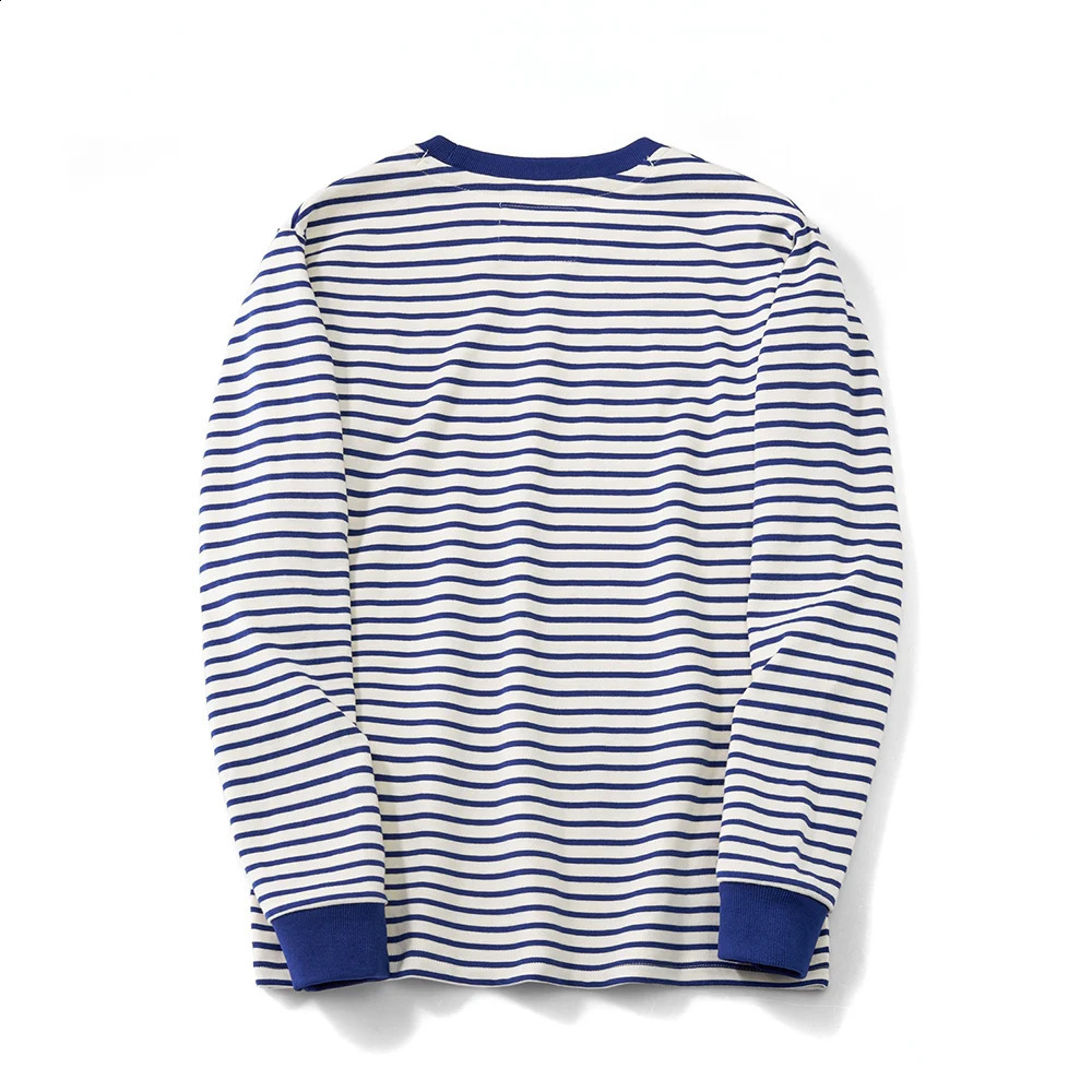 Winter Blue White Striped Long Sleeve T Shirt Men Japanese Retro Heavy Weight Cotton Casual Tops Lovers Shirt Streetwear 251211