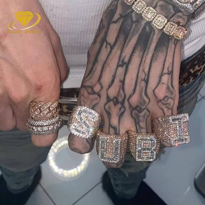 Custom Iced Out Vvs Moissanite Ring Baguette Diamond Hip Hop Ring Single Initial Letter S925 14k Championship Rings for Men