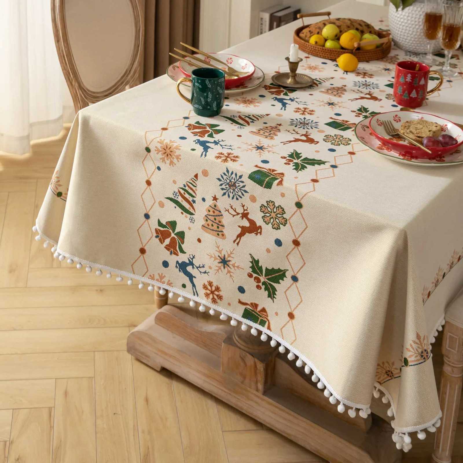 Christmas Bell ElkPattern Tablecloth Rectangle Tassels Dust-proof Cover For Tea Table Wedding Party Dining Room Decor H251211