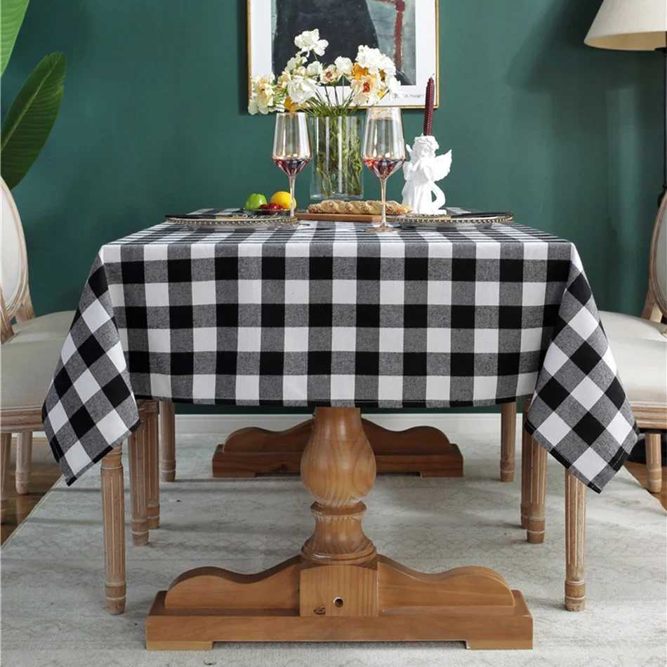 Christmas Black White Grid Cotton Tablecloth Rectangle Dustproof Table Top Coverfor Home Party Birthday Christmas Decor H251211