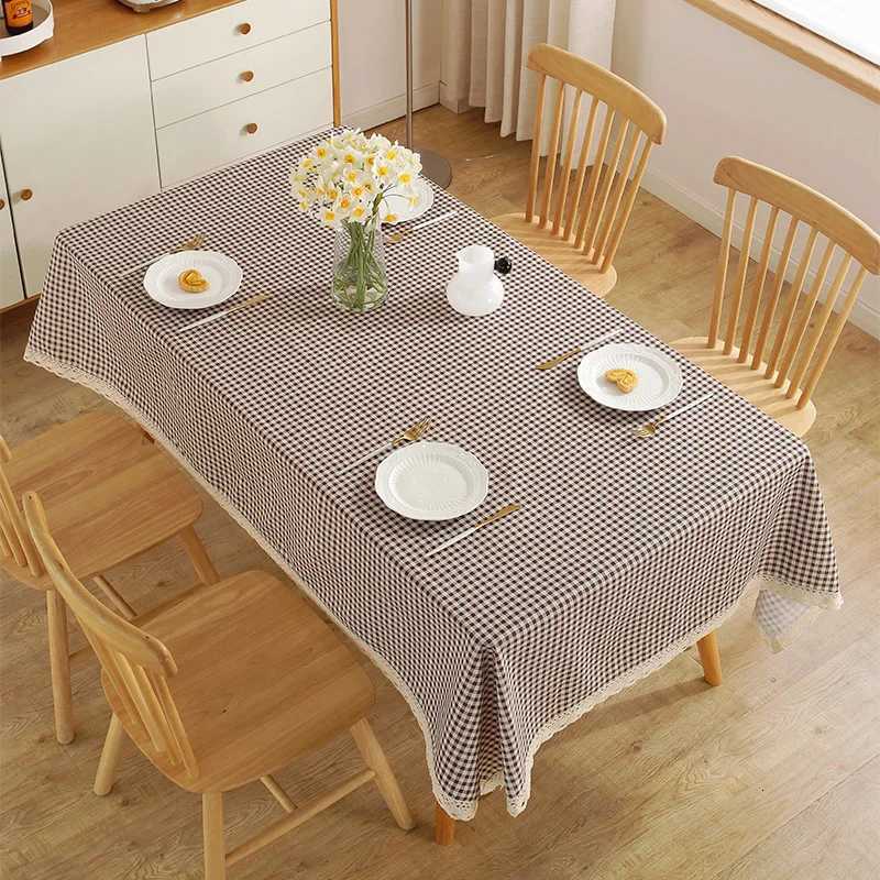 Nordic Minimst Style Coffee Grid Tablecloth with Off-White Trim Rectangular Dining Table Cover H251211