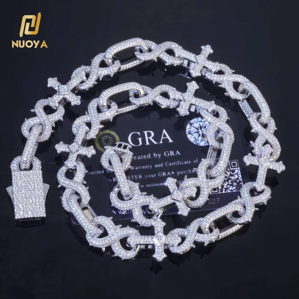 Nuoya Hip Hop 925 Silver VVS Moissanite Diamond Chain 16mm Thorns Cross Infinite Symbol Link Chain Necklace Womens Fine Jewelry