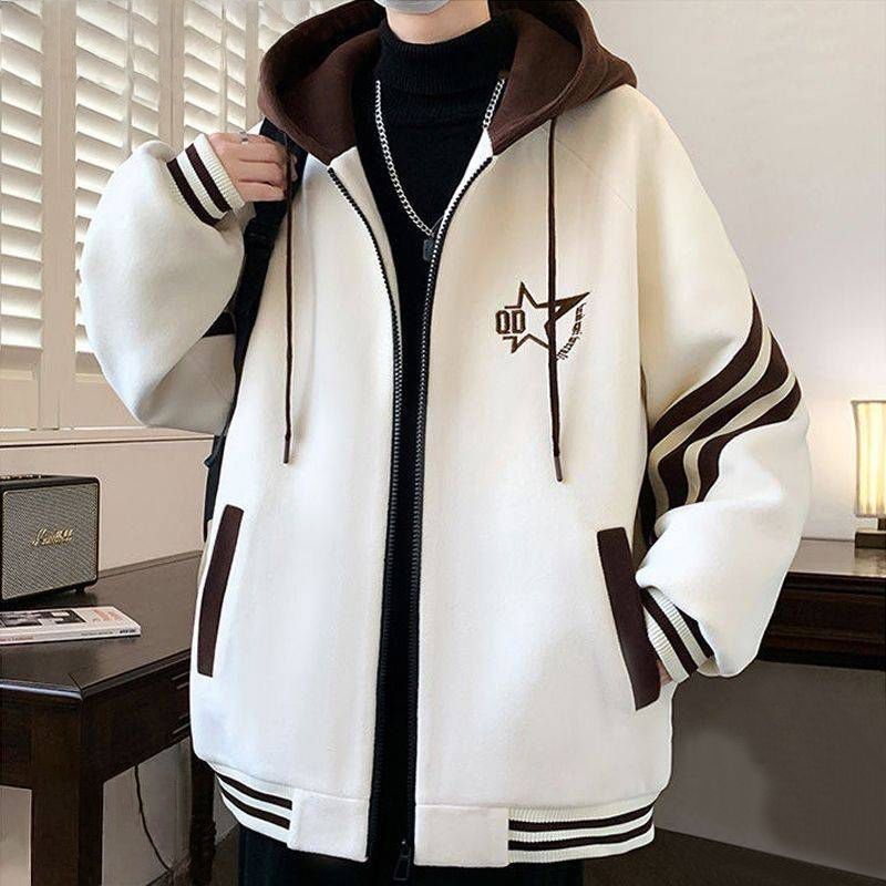 Teenager Men's Fleece-Lined Baseball Jacket: Loose Plus Size, Hooded Outerwear, Trendy Brand, Autumn/Winter Warm Coat