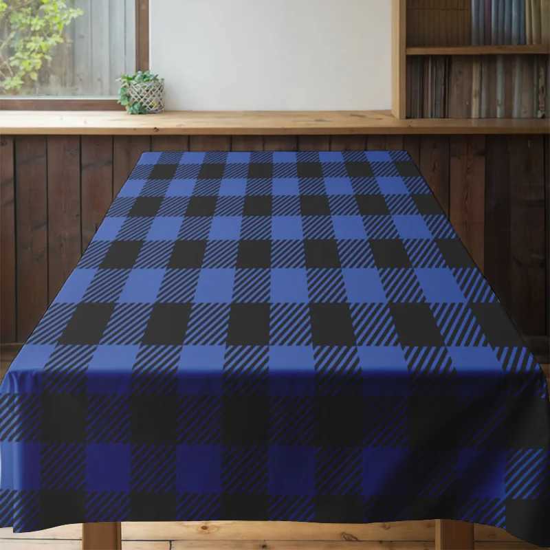 Modern Blue Black Plaid Tablecloth with Striped Design for Dining Room or Kitchen Decoration - Premium Quty Polyester Fabric H251211