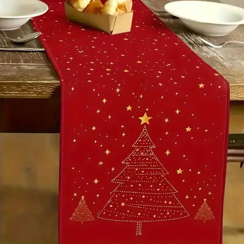 Red Golden Burgundy Christmas Table Runner White Tree Golden Stars Holiday Wedding New Year Decor H251211