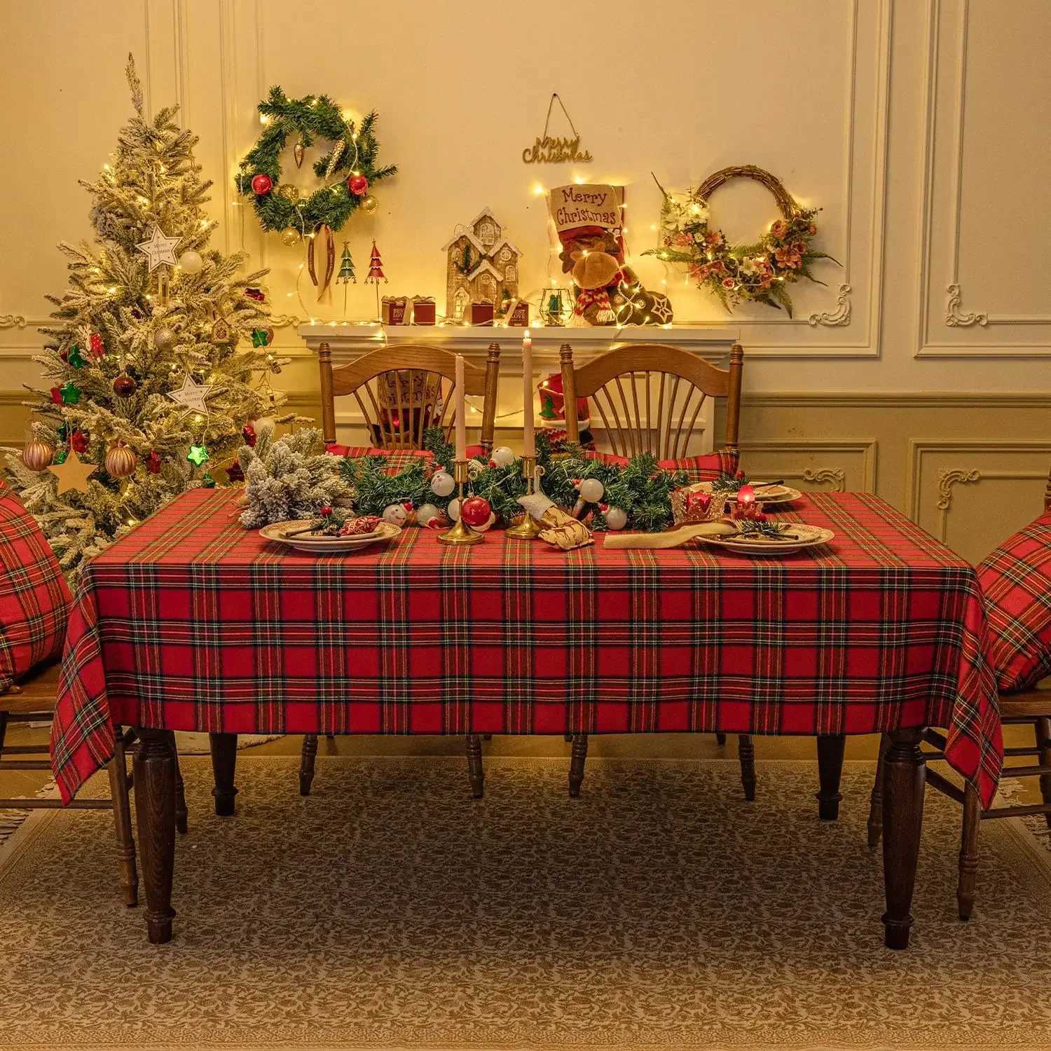 Christmas Checkered Tablecloth Rectangular - Red Plaid Linen Cotton Xmas Farmhouse Decor H251211