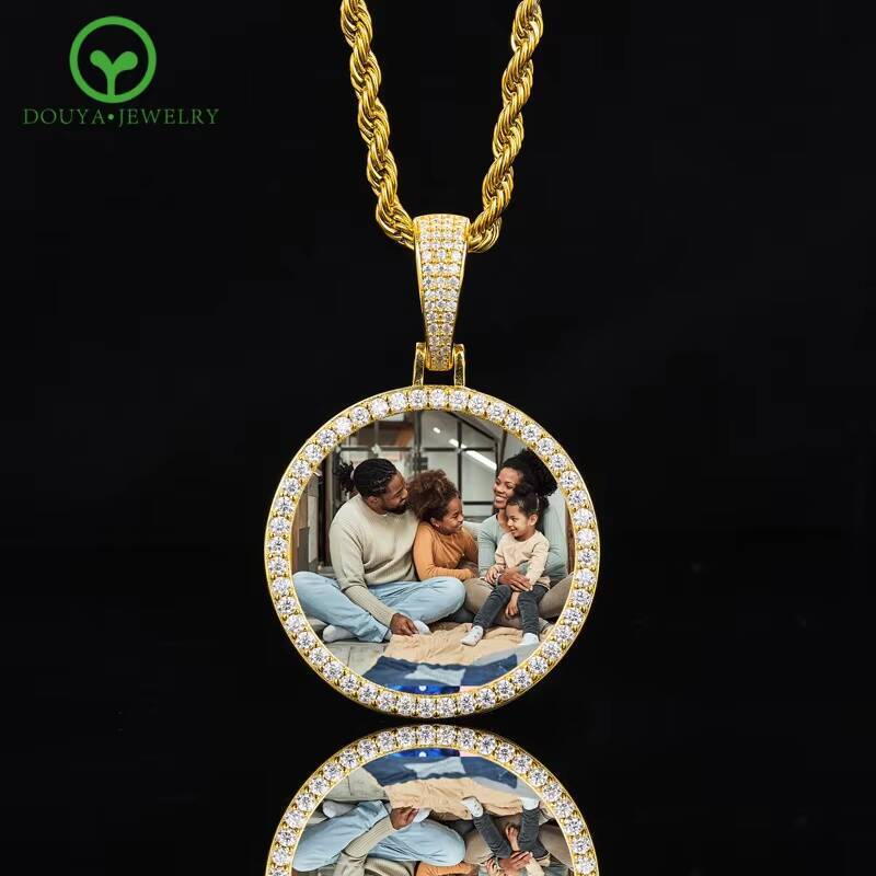 S925 Silver Inlaid Moissanite 36mm Round Photo Pendant Necklace for Man Woman