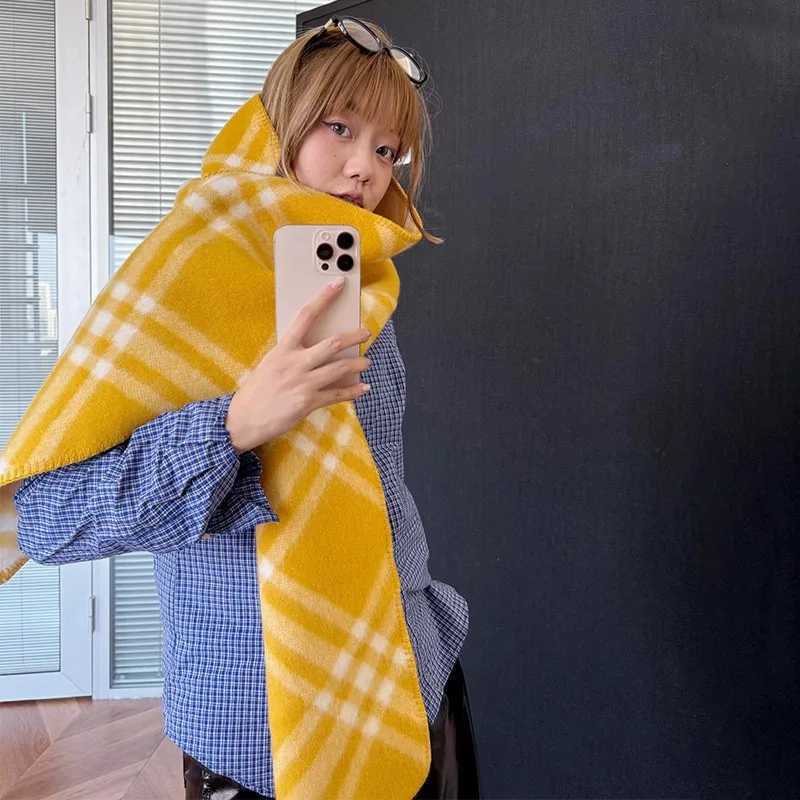 2025 New Yellow Plaid Scarf Women Autumn Winter Korean Style Warm Shawl Fashionable Neck Wrap Y251211