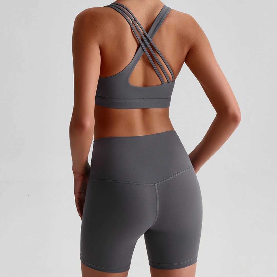 Solid Color Gym Yoga Set Short Legging Cross Back Shoulder Strap Sport Bra Tracksuit Women Suit Comprehensive Training AthleticT251211