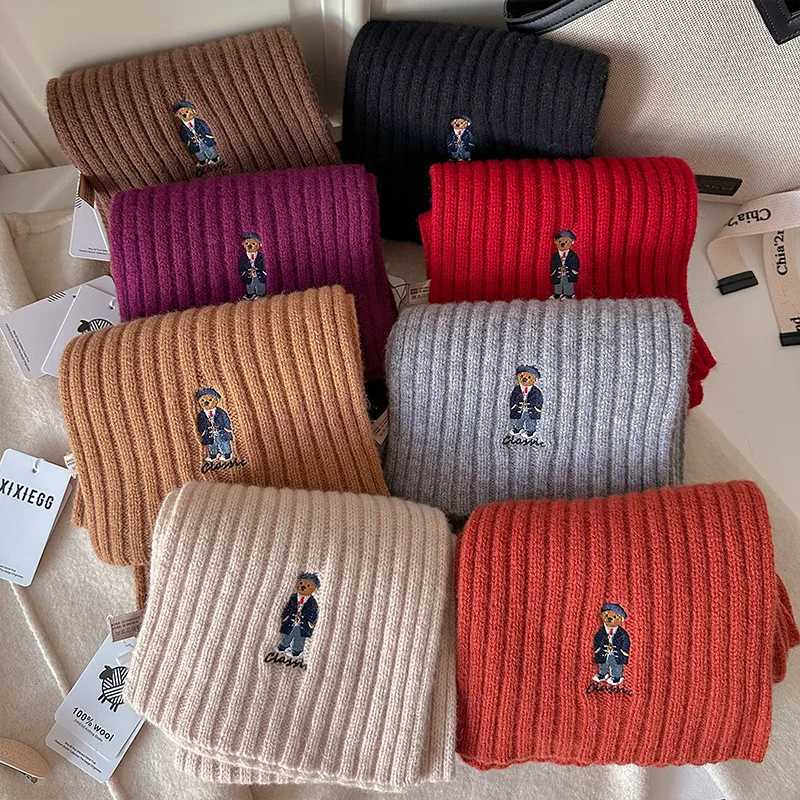 100 New Women Wool Scarf Cartoon Embroidered Bear Shawl Winter Warm Knitting Bandana Lady Wool Blanket Scarves Echarpe Y251211