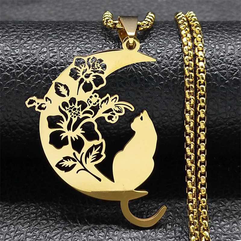 Aesthetic Cat Flower Moon Crescent Necklace for Women Men Stainless Steel Silver Color Bohemia Chain Gift Jewelry collar 3220 M251211