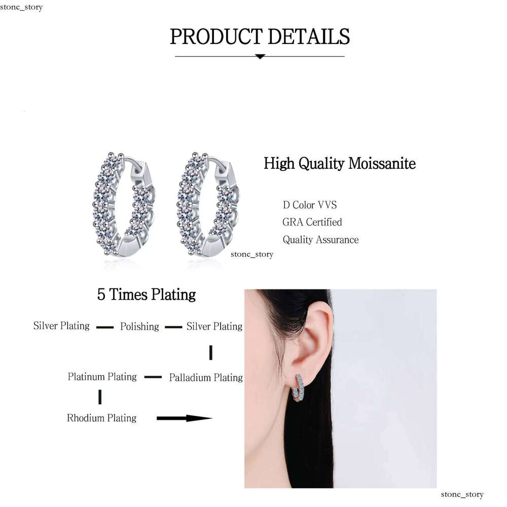 Trendy Vvs Earring VVS Moissanite 925 Sterling Silver Gold Plated Jewelry Women Single Row Moissanite Huggie Hoop Earrings