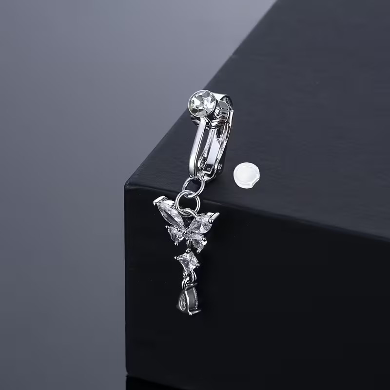 Heart-Shaped Butterfly Belly Button Ring - Sparkling Rhinestone Faux Piercing Jewelry