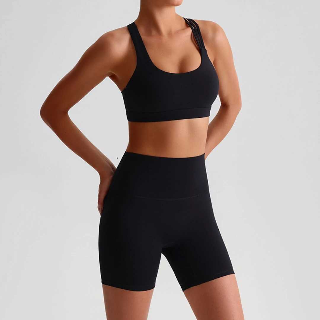 Solid Color High Waist Gym Yoga Short Legging Set Tight Women Cross Back High Impact Shoulder Strap Fitness Bra Top SportwearT251211