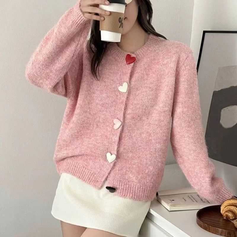 2025 Korean Style Lazy Heart Button Sweater Cardigan Loose Fit Autumn Winter New Knitted Long Sleeve Top Outerwear L251211I62A