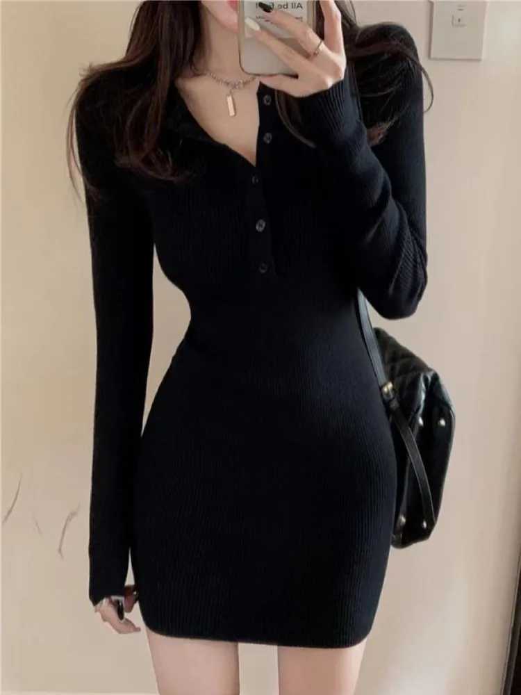Autumn Winter Mini Dress Women V Neck Button Sexy Sweater Elegant Bodycon Dresses Long Sleeve Robe Short Skirt Waist Solid M260311