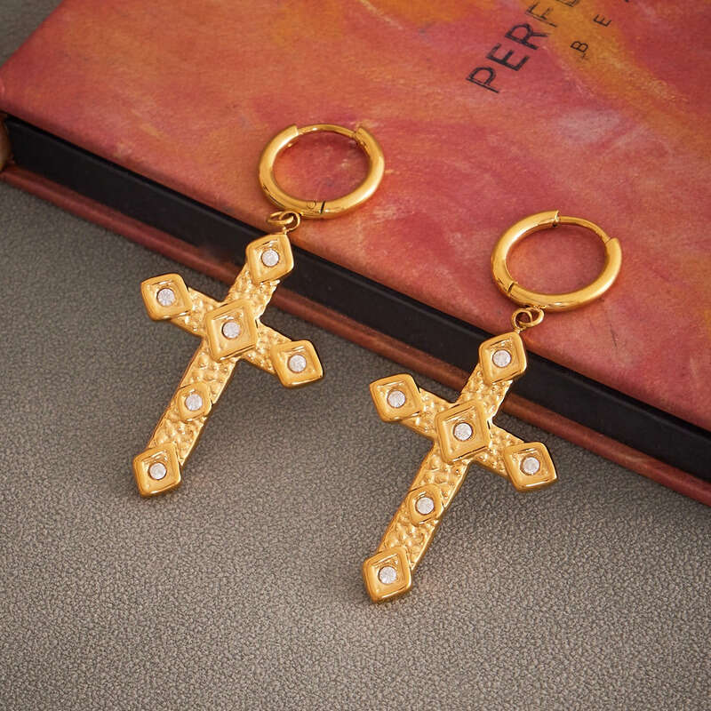 High-Quality 18K Gold Plated Stainless Steel Cross Dangle Earrings with Cubic Zirconia: Classic Style, Affordable Women's Daily Wear, Ideal Chris