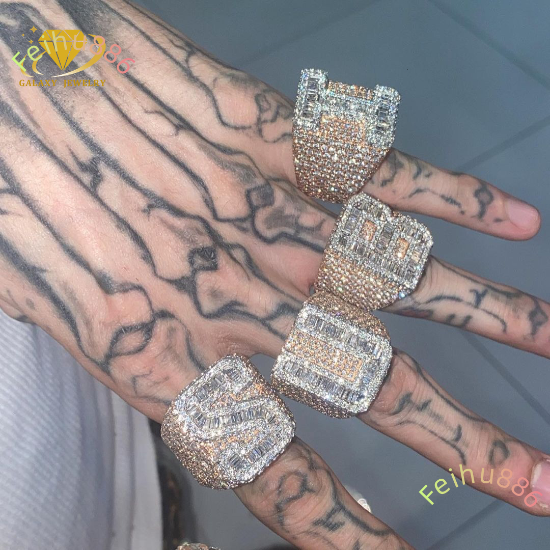 Custom Iced Out Vvs Moissanite Ring Baguette Diamond Hip Hop Ring Single Initial Letter S925 14k Championship Rings for Men