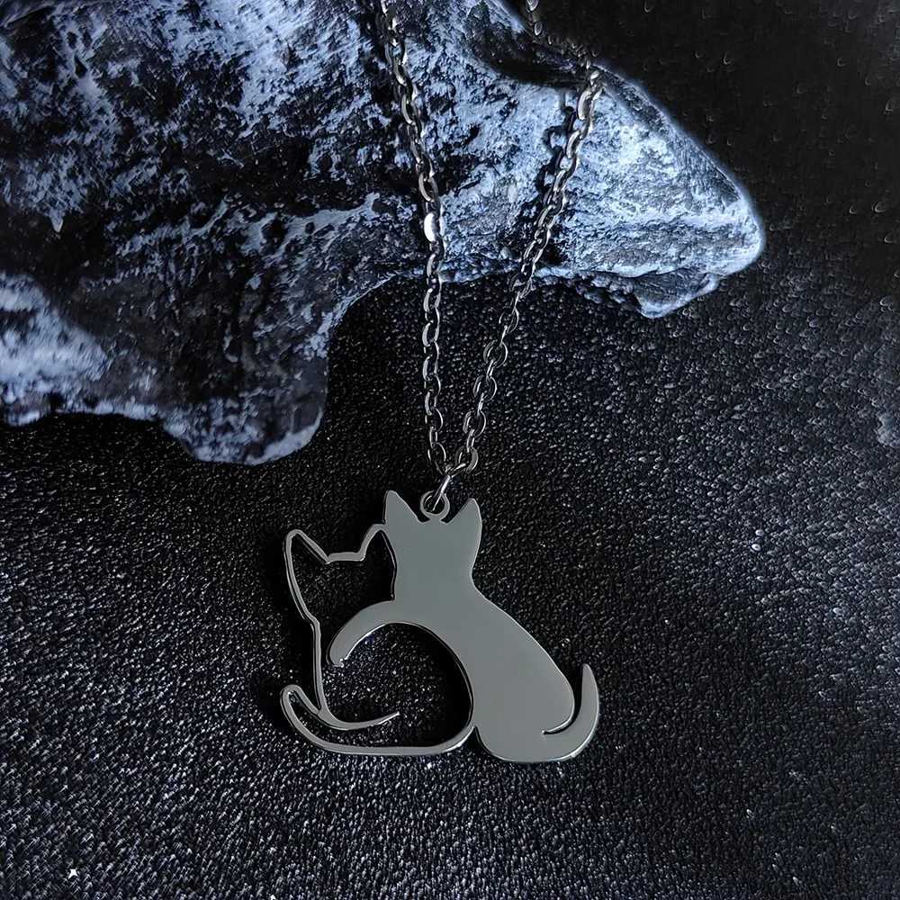 Double Cat Pattern Pendant Necklaces for Women Cute Couple Gold Choker Fine Animal Stainless Steel Jewelry Valentines Day Gifts M251211