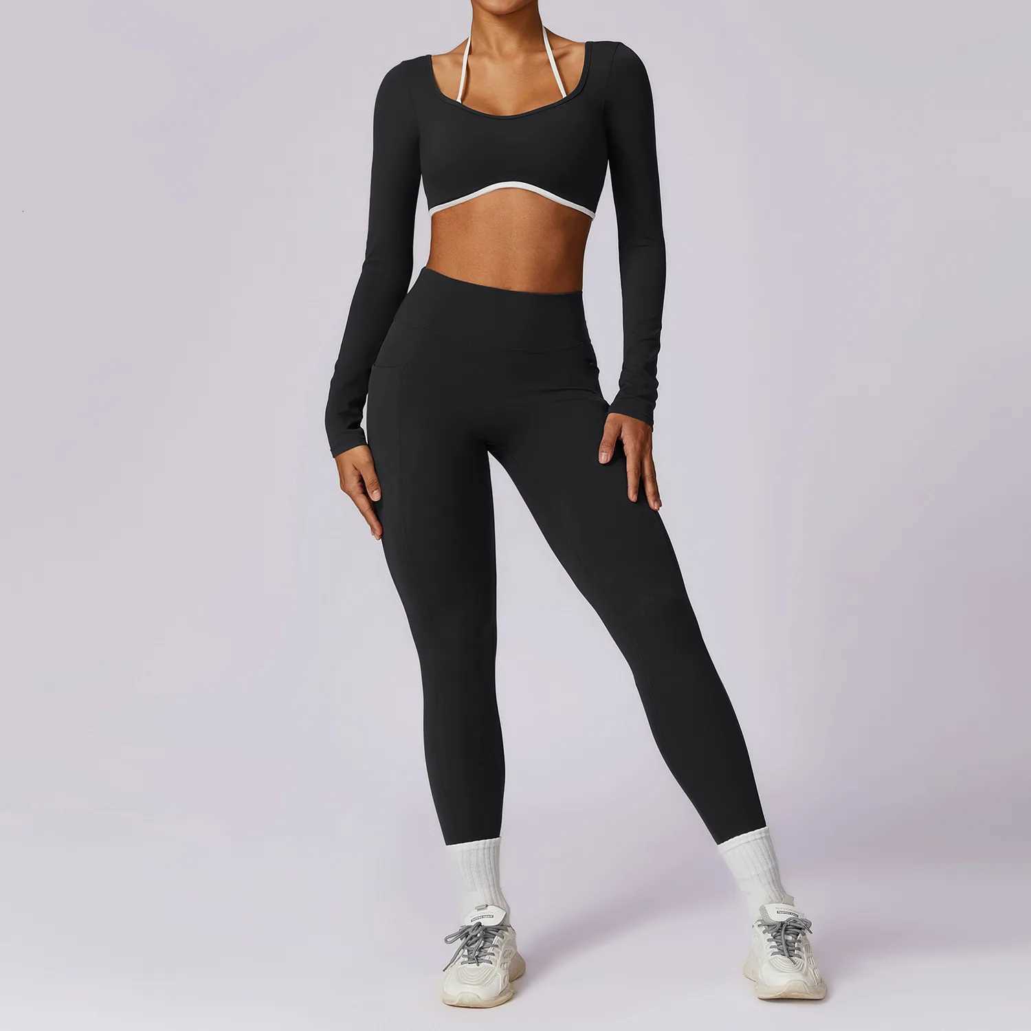 2 Pieces Women Tracksuit Yoga Set Workout Sportswear Gym Clothing Fitness Long Sleeve Crop Top High Waist Leggings Sports SuitsT251211