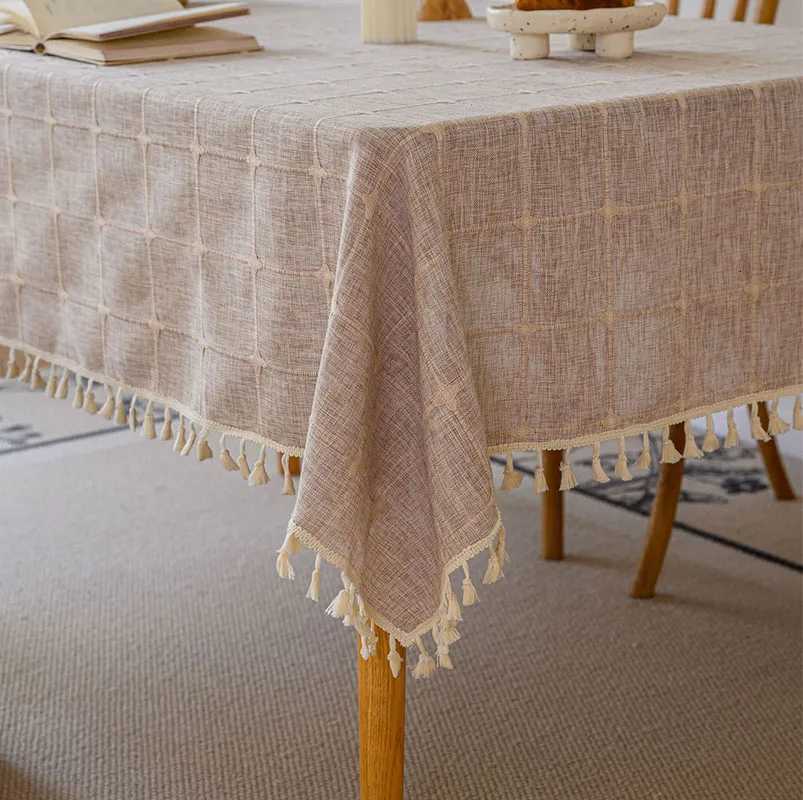 Cotton Linen Square Embroidery Tassel Tablecloth Dust-Proof Checkered Table Cover for Christmas Kitchen Dinning Tabletop Decor H251211