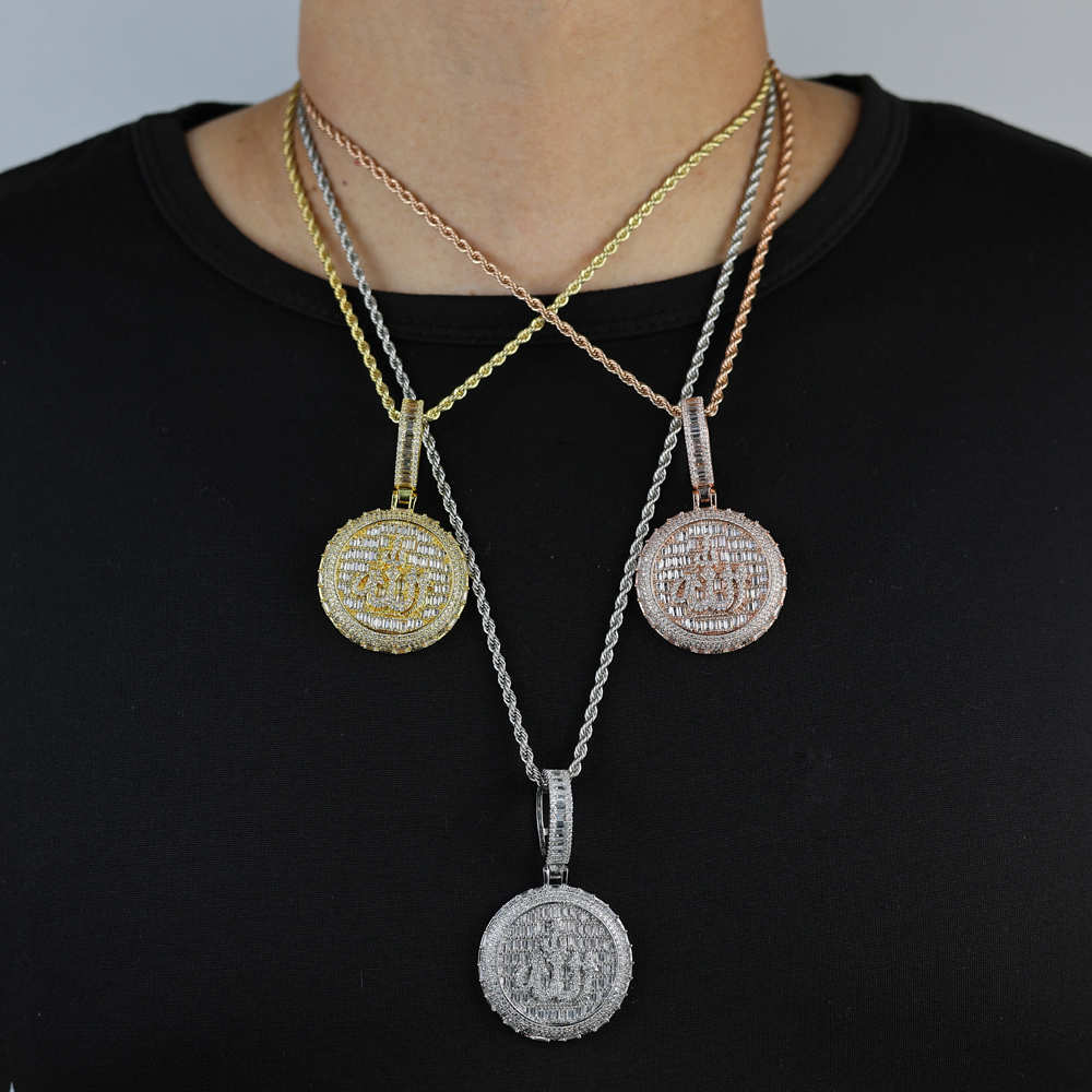 New Iced Out Bling Muslims Allah Pendant Necklace Silver Color Pave Zircon CZ Letter Charm Bling Men Hip Hop Jewelry