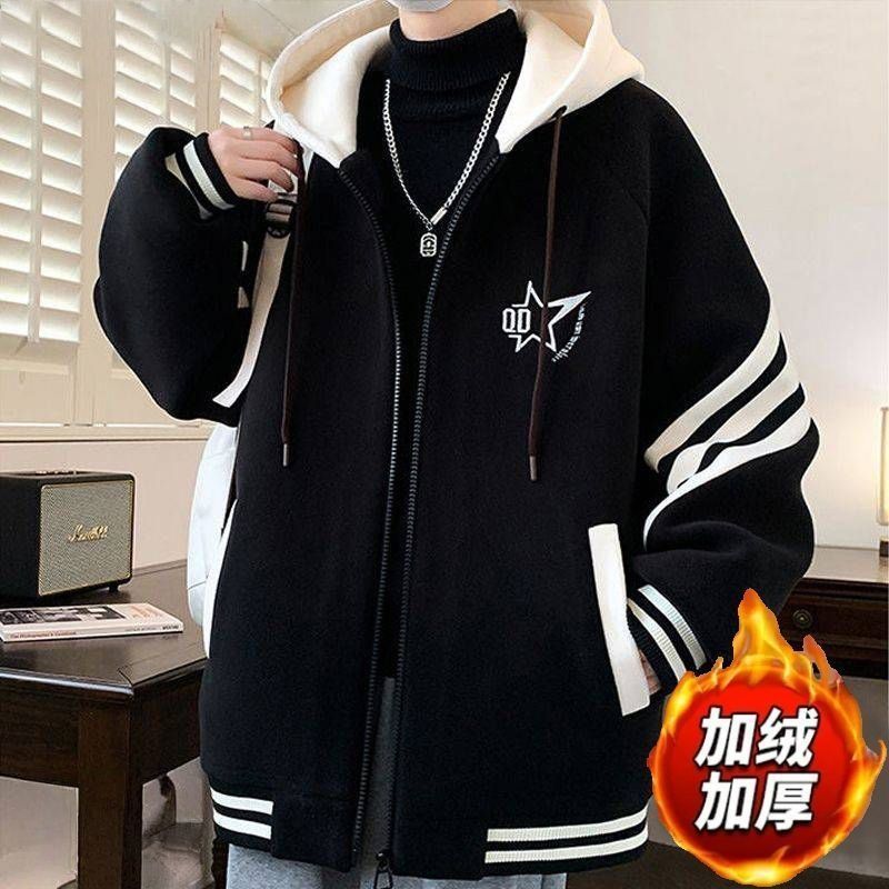 Teenager Men's Fleece-Lined Baseball Jacket: Loose Plus Size, Hooded Outerwear, Trendy Brand, Autumn/Winter Warm Coat