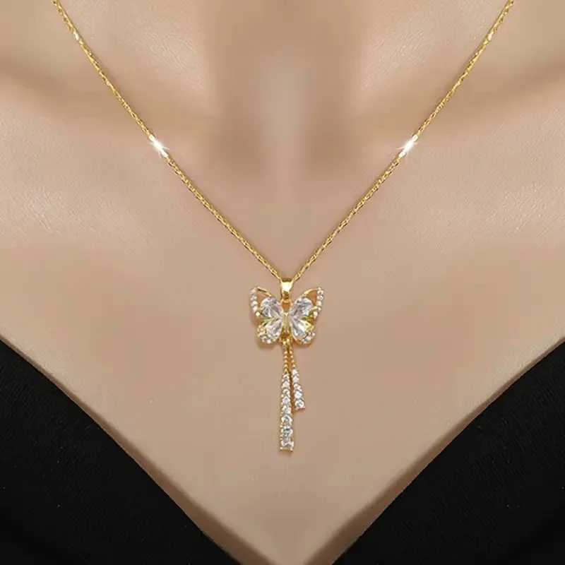 Exquisite Micro Inlaid Zircon Butterfly Tassel Necklace with Titanium Steel Perfect Gift for Fashion-forward Women M251211