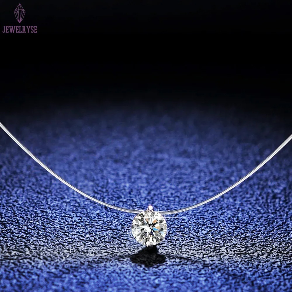 Simple Solitaire Pendant Fashion Jewelry 925 Sterling Silver Round Cut Moissanite Diamond Transparent Fishline Party Women Wedding Beach Necklace Gift