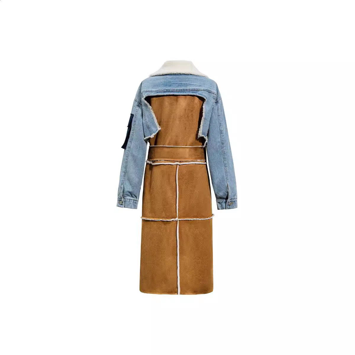Winter Womens Jackets Turn-down Collar Temperament Patchwork Denim Long Sleeve Overcoat Woolen Coat Female 7C222 240927