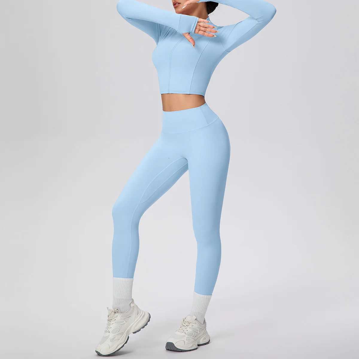 2PCS Woman Quick Drying Solid Color Zipper Long Sleeves Yoga Fitness Pants Set Gym Push Up Running Cycling Sports Yoga SetT251211