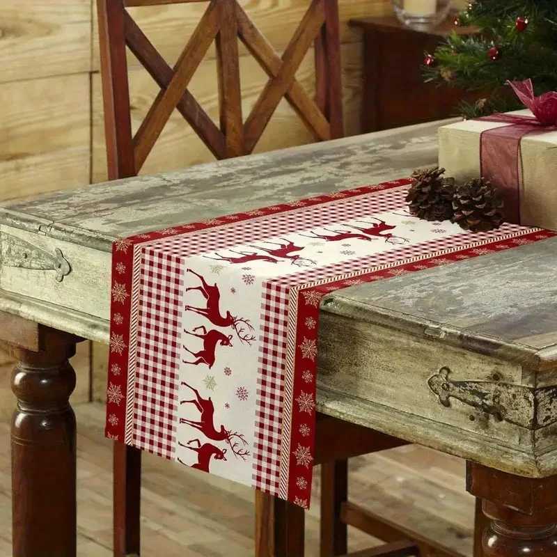 Christmas Table Runner Red Reindeer Snowflake Plaid Pattern ic Holiday Decor for Kitchen Dining Room Party H251211