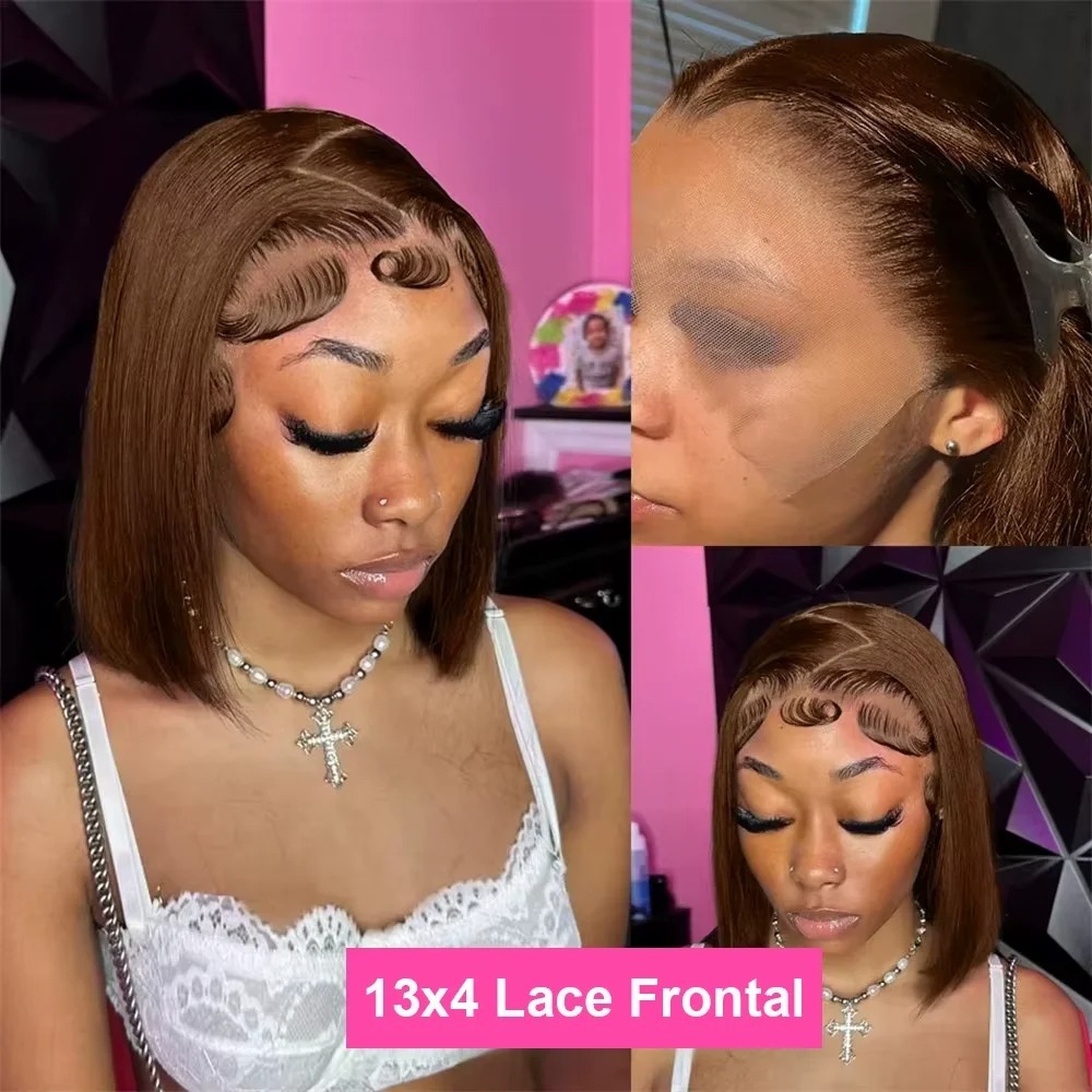 Brown Straight Short Bob Human Hair Wig 13x4 HD Transparent Lace Frontal Wigs 360 Full Lace Glueless Brazilian Hair Wig For Black Women 14 16 Inch