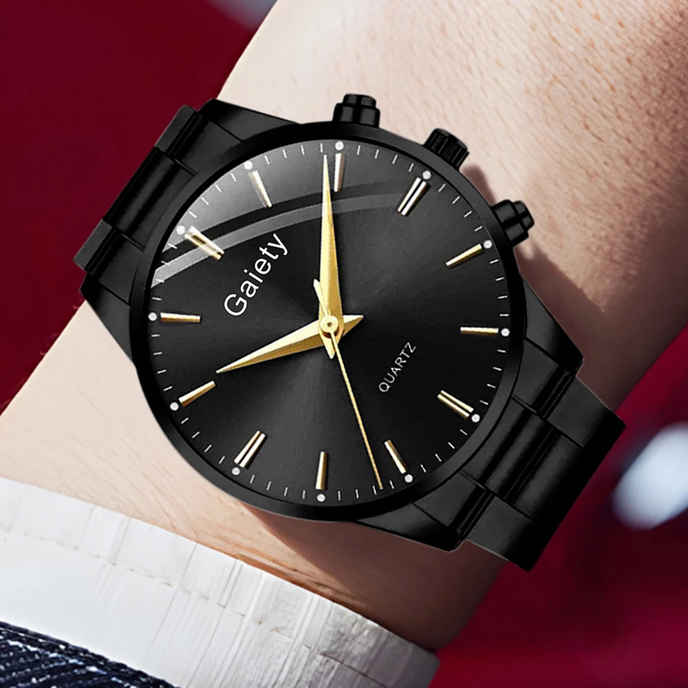 4PC Black Mens Minimalist Watch Set Business Trendy Lines Scale Round Dial Quartz Watch Bracelet Necklace Ring Set Perfect Gift 251209