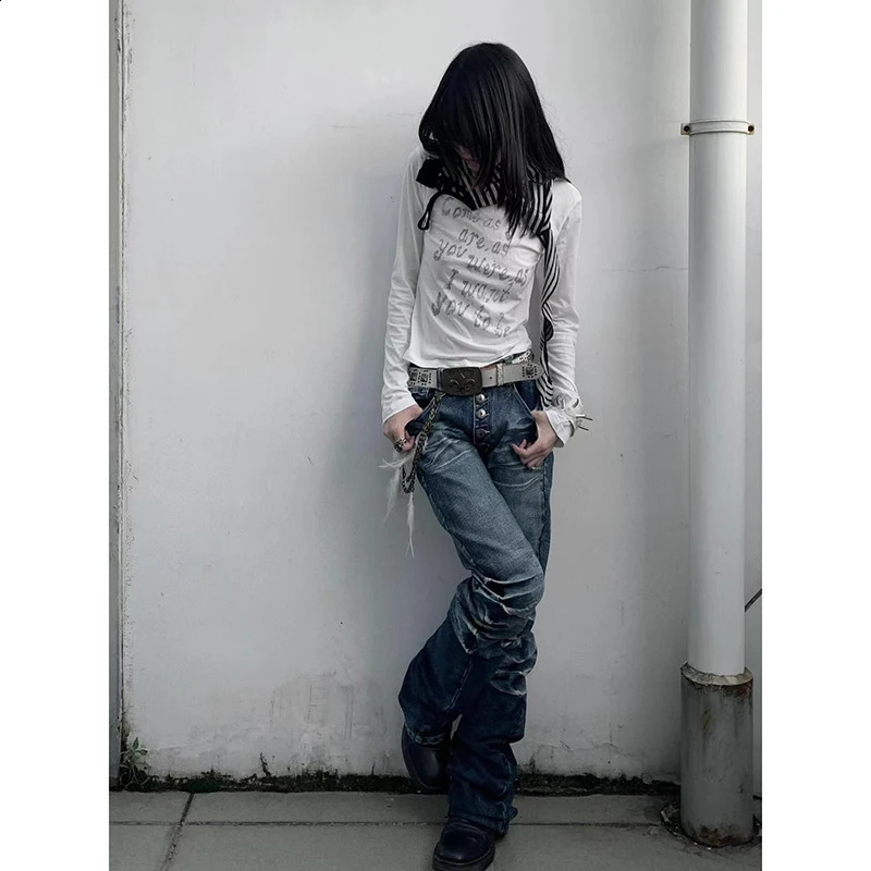 Washed Distressed Micro-flared for Women Stylish High Street Straight Jeans Harajuku Style Hip Hop Y2k Blue Trousers Z260313