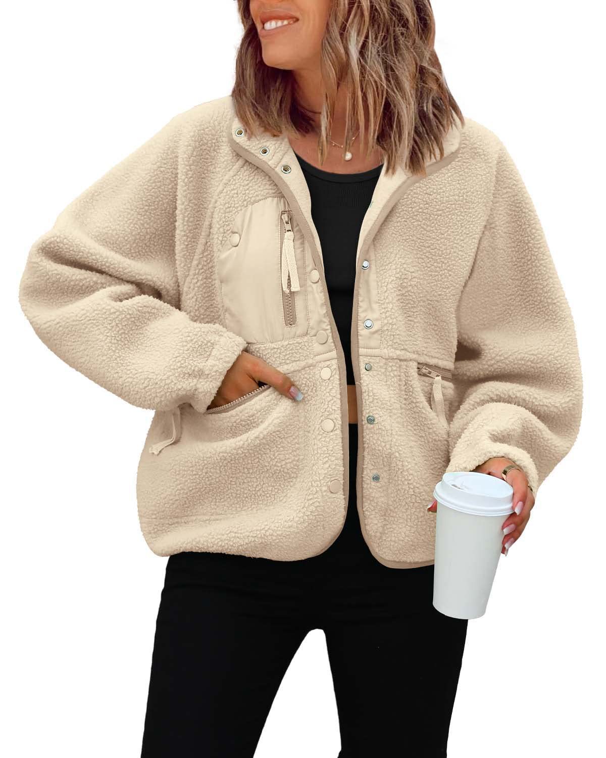 Women's Fuzzy Fleece Zipper Jacket Casual Fashion Long Sleeve Thick Slim Pocket Coats Outwear Versatile Solid Color Fit Lightweight Jacket Autumn
