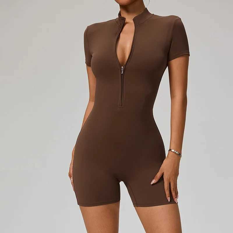 Solid Color Half Zip Short Sleeved Shirt Short Leg Set Tight Yoga Jumpsuit Women Gym Wear Fitness One Piece Sports Suit WorkoutT251211